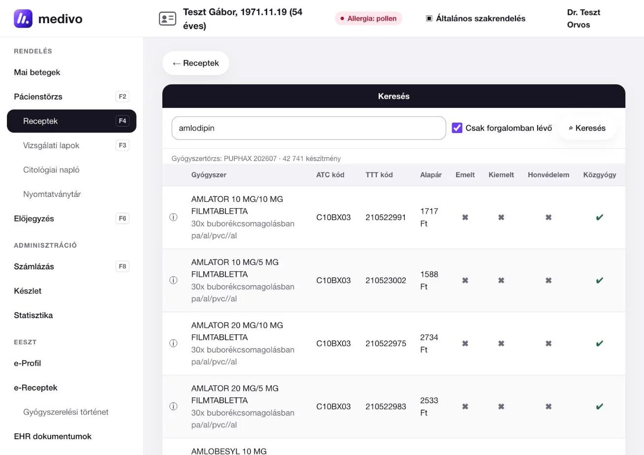 e-Recept: gyógyszerkeresés a PUPHAX-törzsben ATC-kóddal, árral és támogatási jogcímekkel