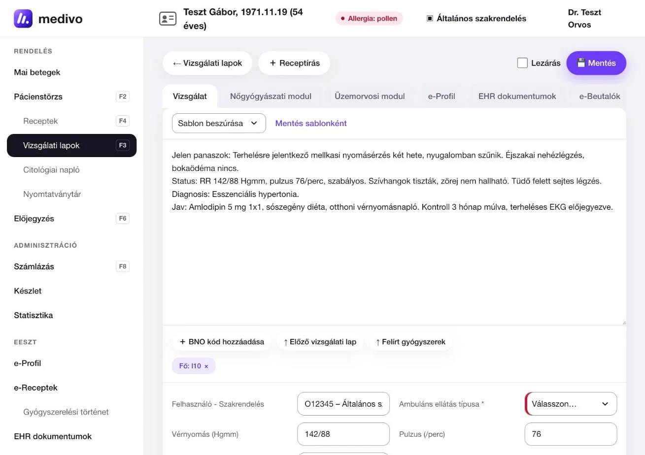 Vizsgálati lap: szöveges lelet, BNO-kód kiválasztása kedvencekből, vitális paraméterek